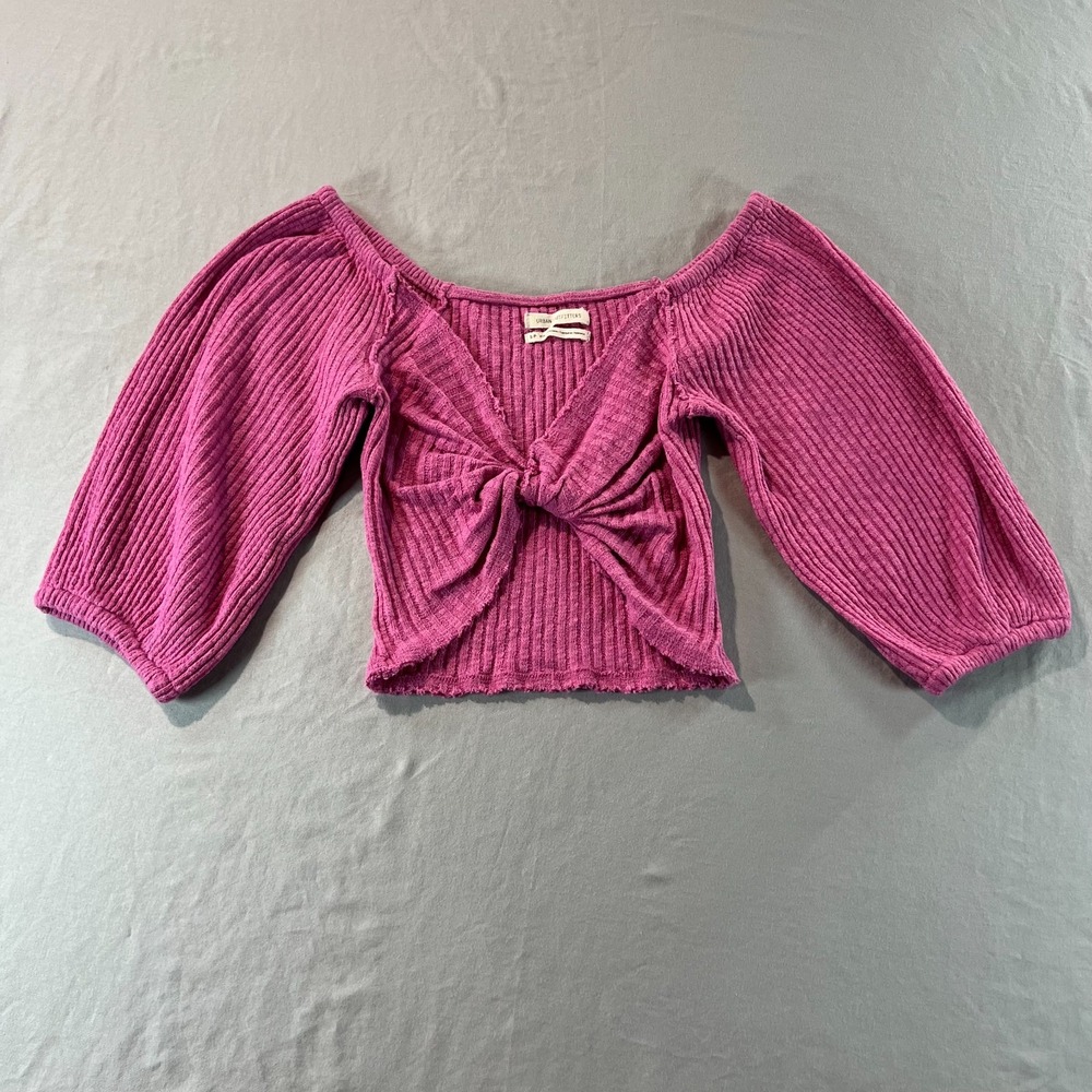 Urban Outfitters Mauve Ribbed Front Tie Puff Sleeve Crop Top Women's Size S Boho
